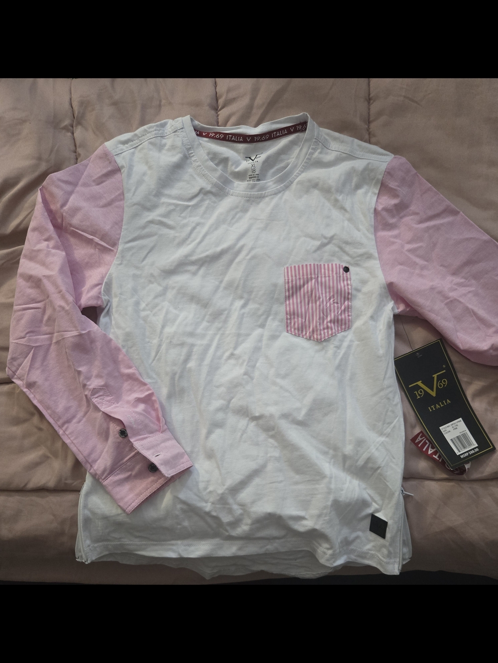 V69 Italia White Tee with Pink Trim Neckband